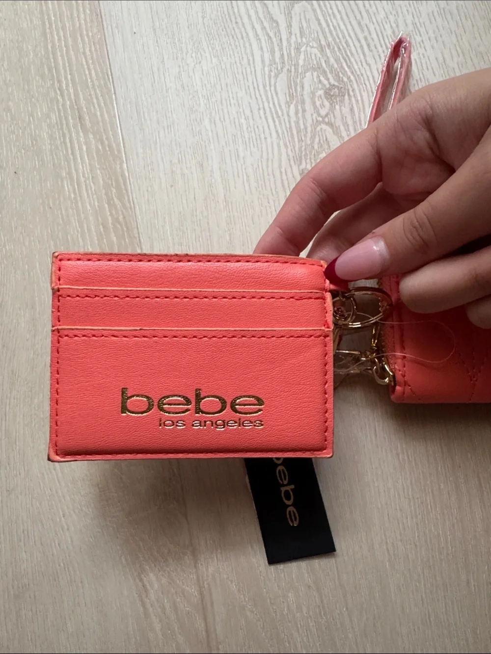 bebe Coral Quilted Wristlet Clutch with Gold Logo